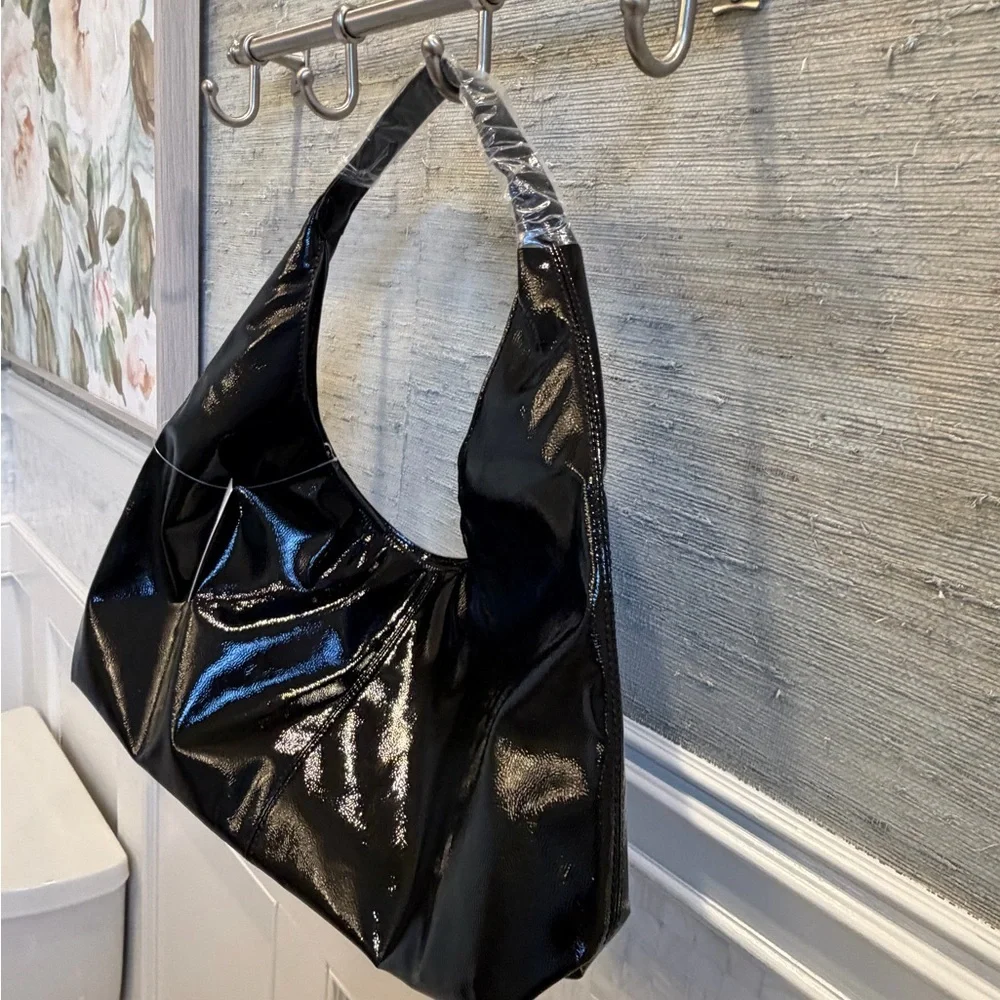 NWT new Anthropologie shiny faux patent leather tote bag purse black